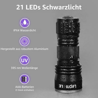 LE Ultraviolett LED UV-Taschenlampe mit 21 LEDs 395nm, UV-Strahler, Handlampe, Prüfgerät, Fleckendetektor / Urindetektor für Haustiere wie Katze, Hund usw.