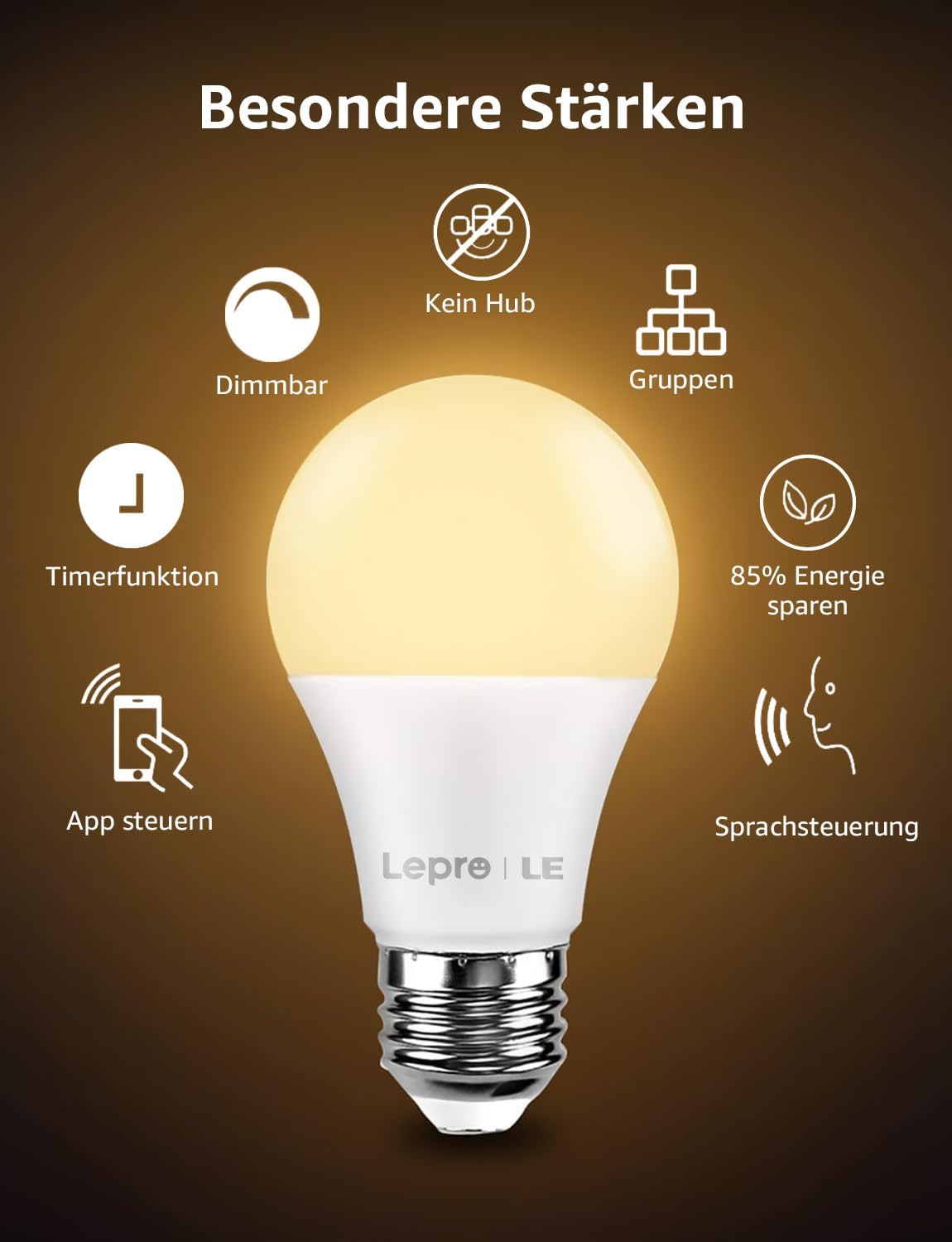 Lepro E27 Smart Lampe, 9W Smart Glühlampen WLAN LED Birnen WiFi LED Light Bulb 806LM Smart Home Lampen Dimmbare Birne, 2.4 GHz, Dimmbares Warmes Licht, Kompatibel mit Alexa Echo, Google Home, 1 Pack
