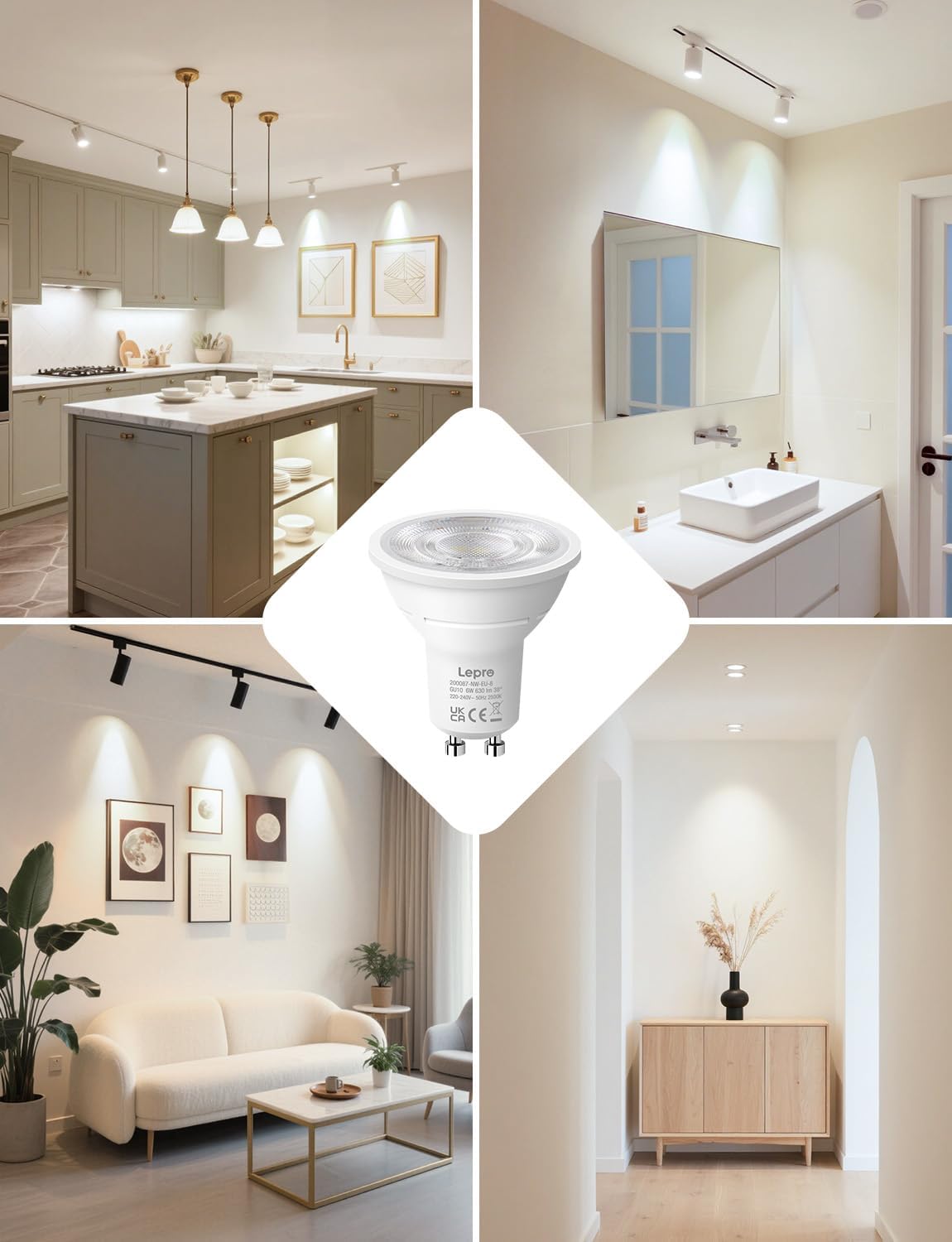 Lepro GU10 LED Neutralweiß 6W Lampe, 4000K Neutralweiß, 630 Lumen, 38° Abstrahlwinkel, Nicht dimmbar Reflektorlampe, Energiesparendes GU10 LED Leuchtmittel für Büro, Küche, Flur, 4 Stück