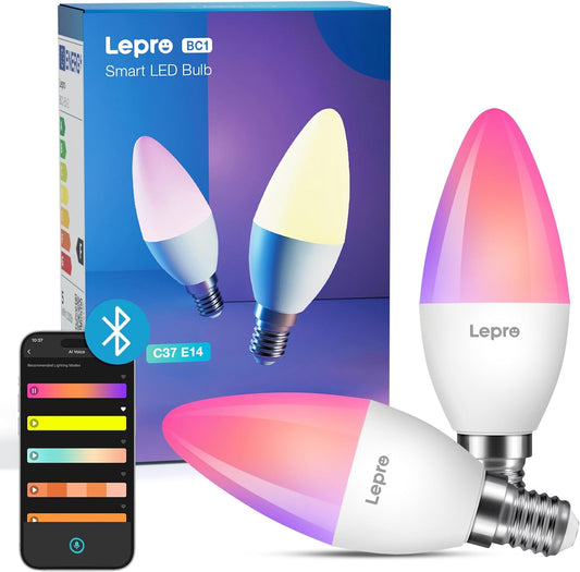 Lepro AI Smart Glühbirne BC1, E14 Smart LED Lampe 4.9W 470LM Dimmbar, Großes Sprachmodell LLM, Farbwechsel mit Musik Sync/Eingebautes Spracherkennung, Bluetooth Sofortige Kopplung, 2 Stück