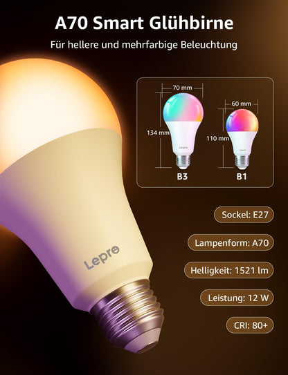 Lepro Al Smart Glühbirne B3, E27 WLAN/Bluetooth Smart Bulb 1521lm Dimmbar, Foto-zu-Licht, Personalisierter KI-Lichtdesigner, Sprachsteuerung/Musik Sync, Kompatibel mit Alexa/Google Assistant, 4 Stück