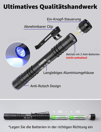 Lepro UV Taschenlampe, 365nm UV Lampe mit Clip, Batteriebetrieben Schwarzlicht Taschenlampe, Vielseitig & Tragbar Bernstein Lampe für Lecksuche, Haustierurin und Falschgeld-Erkennung (2 Stück)