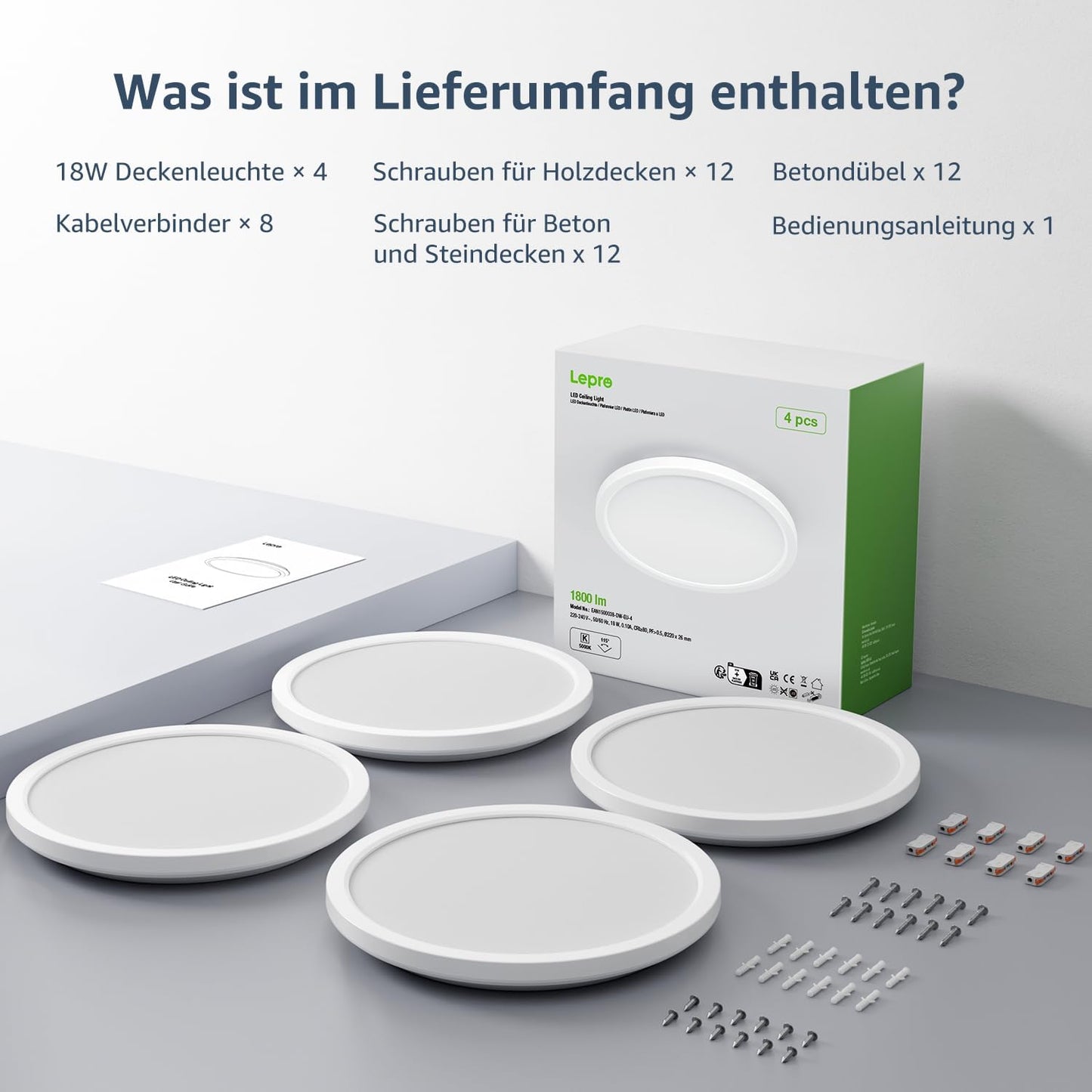 Lepro Deckenlampe 18W, IP44 Wasserfest Deckenleuchte，5000K 1800LM Badezimmer Lampe, Kaltweiß Deckenleuchte Badezimmer, ideal Badezimmerlampe Decke für Bad Schlafzimmer Flur Wohnzimmer, Ø22cm, 4 Stücke