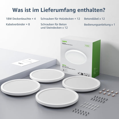 Lepro Deckenlampe 18W, IP44 Wasserfest Deckenleuchte，5000K 1800LM Badezimmer Lampe, Kaltweiß Deckenleuchte Badezimmer, ideal Badezimmerlampe Decke für Bad Schlafzimmer Flur Wohnzimmer, Ø22cm, 4 Stücke