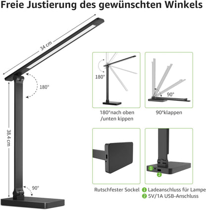 Lepro Schreibtischlampe, LED Tischlampe 15W, 655LM Tischleuchte 3 Farben, 5 Helligkeitsstufen Dimmbar mit USB-Anschluss, Schreibtischleuchte Augenschutz, Leselicht für Büro, Schwarz
