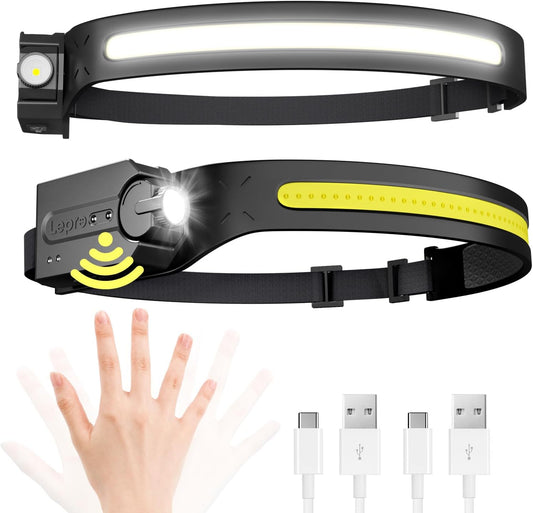 Lepro Stirnlampe Led Wiederaufladbar, Superhell 350 Lumen mit 5 Modi, 230°Weitwinkel Scheinwerfer mit Bewegungsmelder, 1200mAh Kopflampe, IP44 für Wandern Camping Joggen, 2 Stück [inkl. USB-C Kabel]