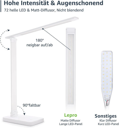 Lepro Schreibtischlampe, LED Tischlampe Dimmbar, Nachttischlampe 800LM 3 Farben und 5 Helligkeitsstufen, Tageslichtlampe Augenschutz, Tischleuchte, Schreibtisch Lampe für Kinder, Büro, Weiß