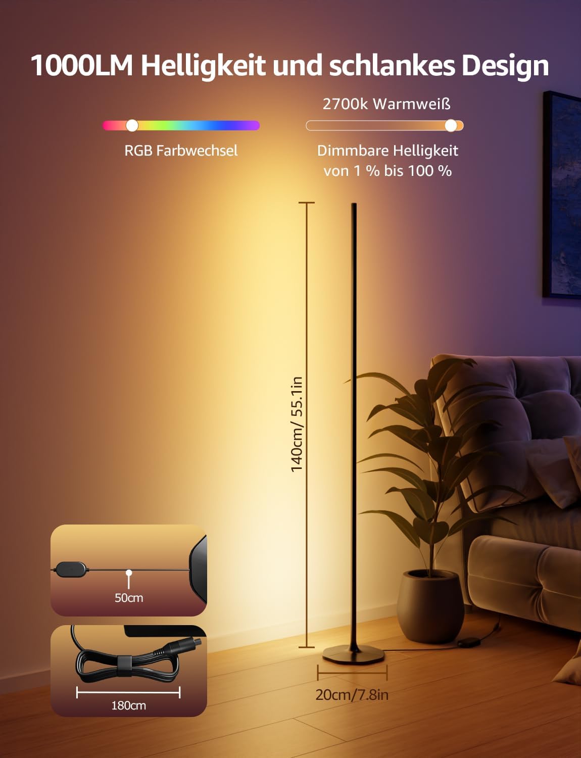 Lepro AI Smart Stehlampe Wohnzimmer OE1, Stehlampe Dimmbar, Sprachsteuerung/Musik Sync/DIY, Personalisierter KI-Lichtdesigner, Kompatibel mit Alexa/Google, 16 Millionen Farben