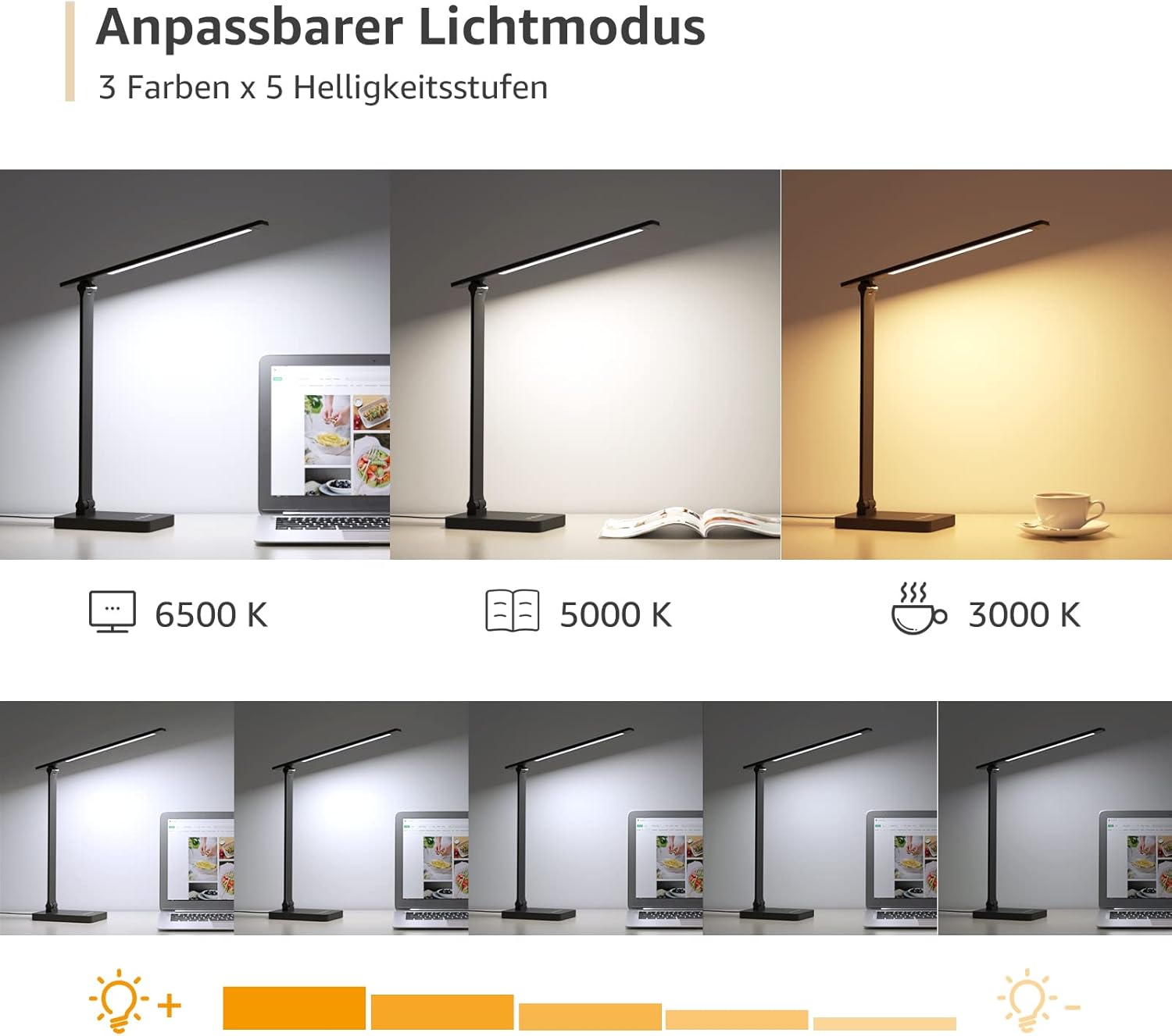 Lepro Schreibtischlampe, LED Tischlampe 15W, 655LM Tischleuchte 3 Farben, 5 Helligkeitsstufen Dimmbar mit USB-Anschluss, Schreibtischleuchte Augenschutz, Leselicht für Büro, Schwarz