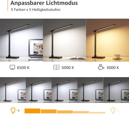 Lepro Schreibtischlampe, LED Tischlampe 15W, 655LM Tischleuchte 3 Farben, 5 Helligkeitsstufen Dimmbar mit USB-Anschluss, Schreibtischleuchte Augenschutz, Leselicht für Büro, Schwarz