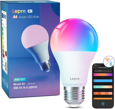 Lepro AI Smart Glühbirne B1, E27 Lampe 8.5W 806lm Dimmbar, Personalisierter KI-Lichtdesigner, Sprachsteuerung/Musik Sync, WiFi & Bluetooth Smart Bulb, Kompatibel mit Alexa/Google Assistant