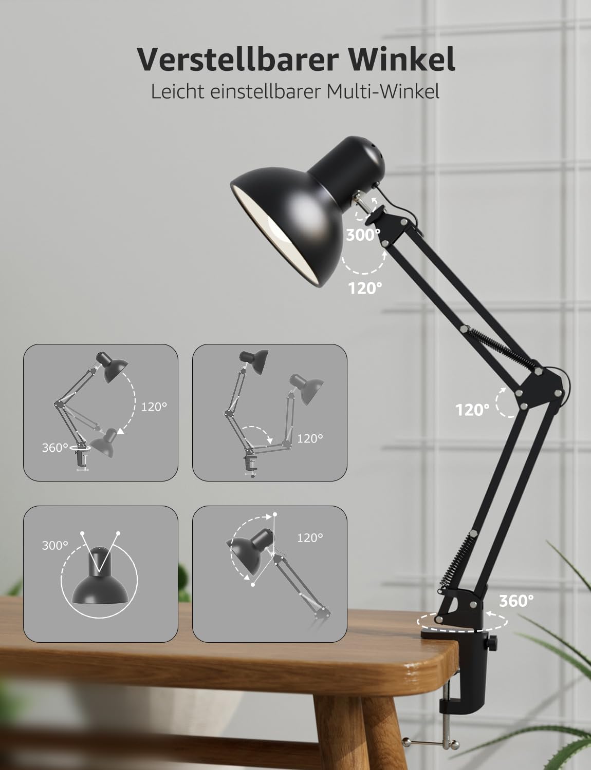 Lepro Schreibtischlampe Retro, Klemmbare Tischlampe E27, LED B¨¹ro Leselampe Nachttischlampe Verstellbare, Gelenk-Arm, schwenkbar, Tageslichtlampe Schreibtisch leuchte, HxBxT: 38 x 15 x 27cm, Schwarz