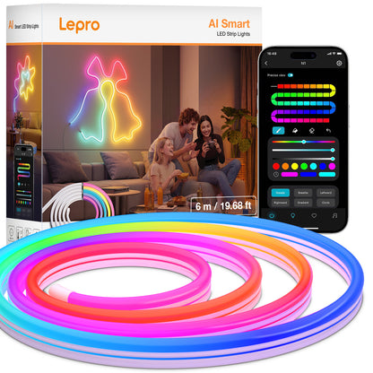 Lepro Neon AI LED Strip 6m, RGB LED Streifen mit App-, Musik- und Sprachsteuerung, kompatibel mit Alexa & Google Assistant, für Wohnzimmer, Gaming, Party, Wanddeko, Personalisierter KI-Lichtdesigner