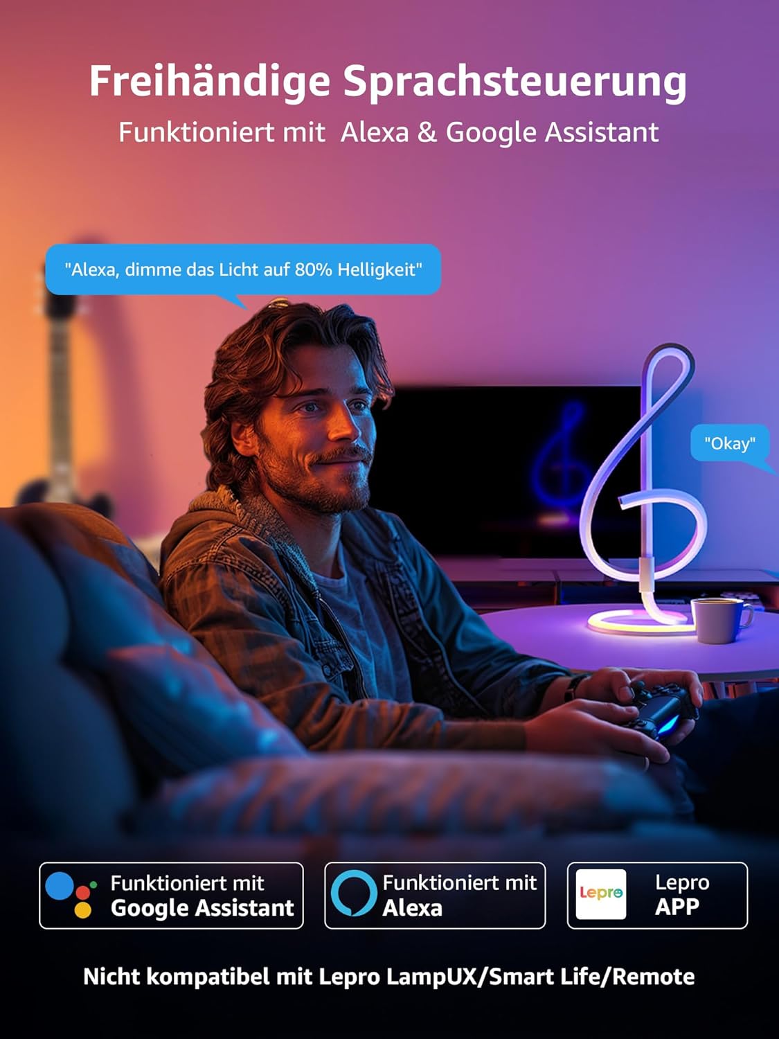 Lepro AI Smart Tischlampe TB2, Personalisierter KI-Lichtdesigner, Musik Sync/APP Sprachsteuerung Tischleuchte, Table Lampe Dimmbar, RGB+IC-Technologie, Kompatibel mit Alexa/Google, Keine Fernbedienung