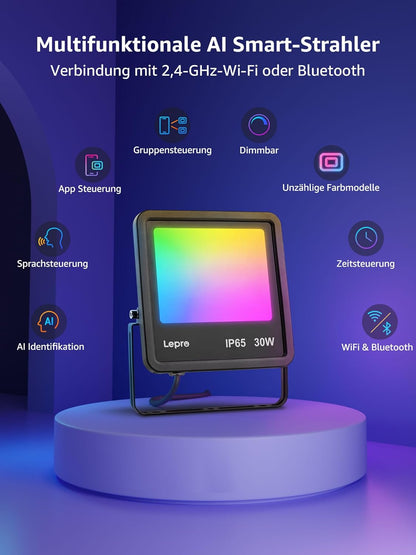 Lepro AI Smart 30W Led Strahler Außen F1, RGB Dimmbar Außenstrahler, Personalisierter KI-Lichtdesigner, Musik Sync/APP Sprachsteuerung, IP65 Wasserdicht Fluter für Garten, Kompatibel mit Alexa/Google