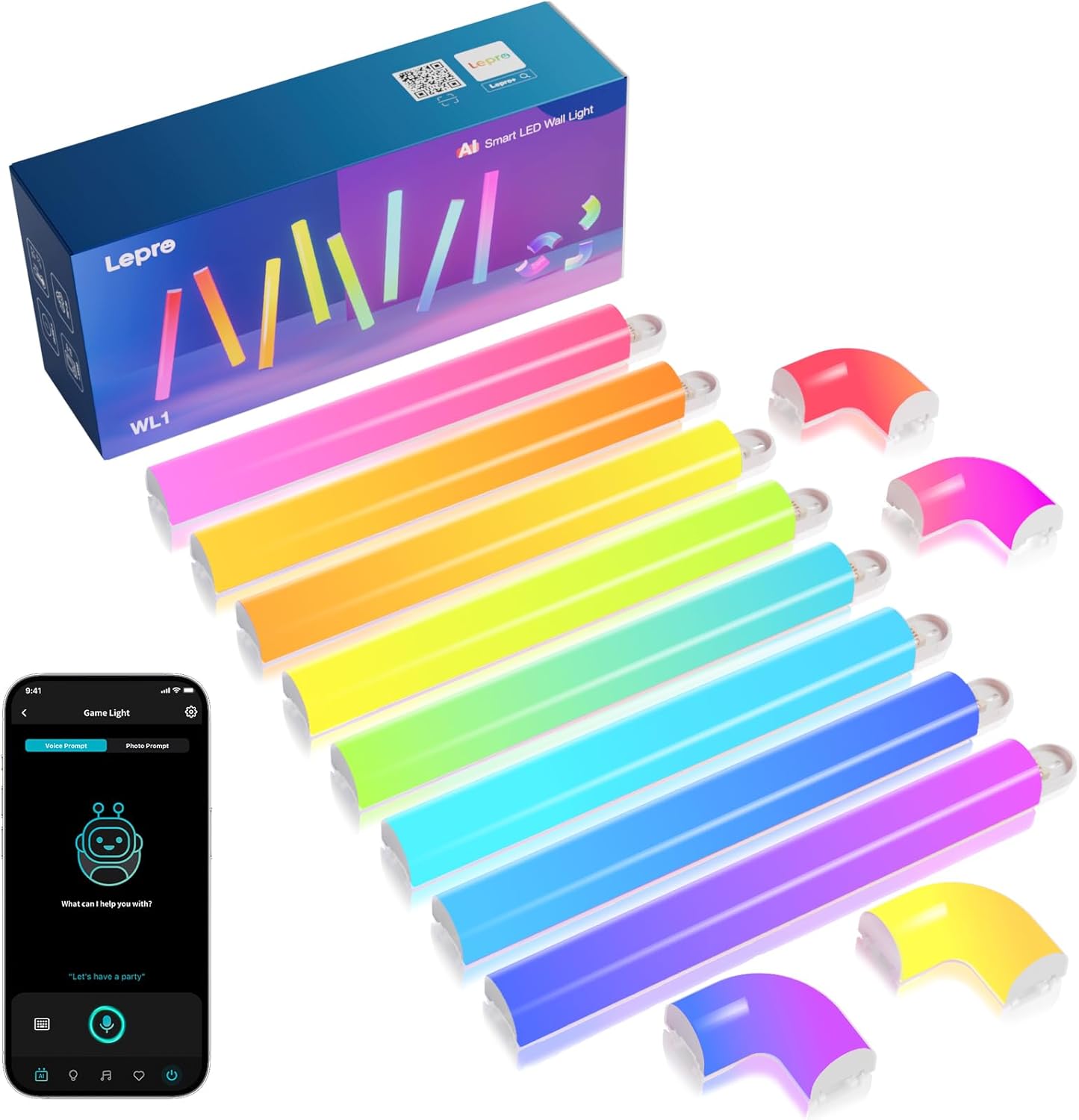 Lepro AI Glide Wall Light WL1, Wandleuchte mit Eingebautes Spracherkennung, Musik Sync, unterstützt Alexa & Google Assistant, KI-Lichtdesign-Assistent für Gaming Party Wand Deko, 8 Stück und 4 Ecke