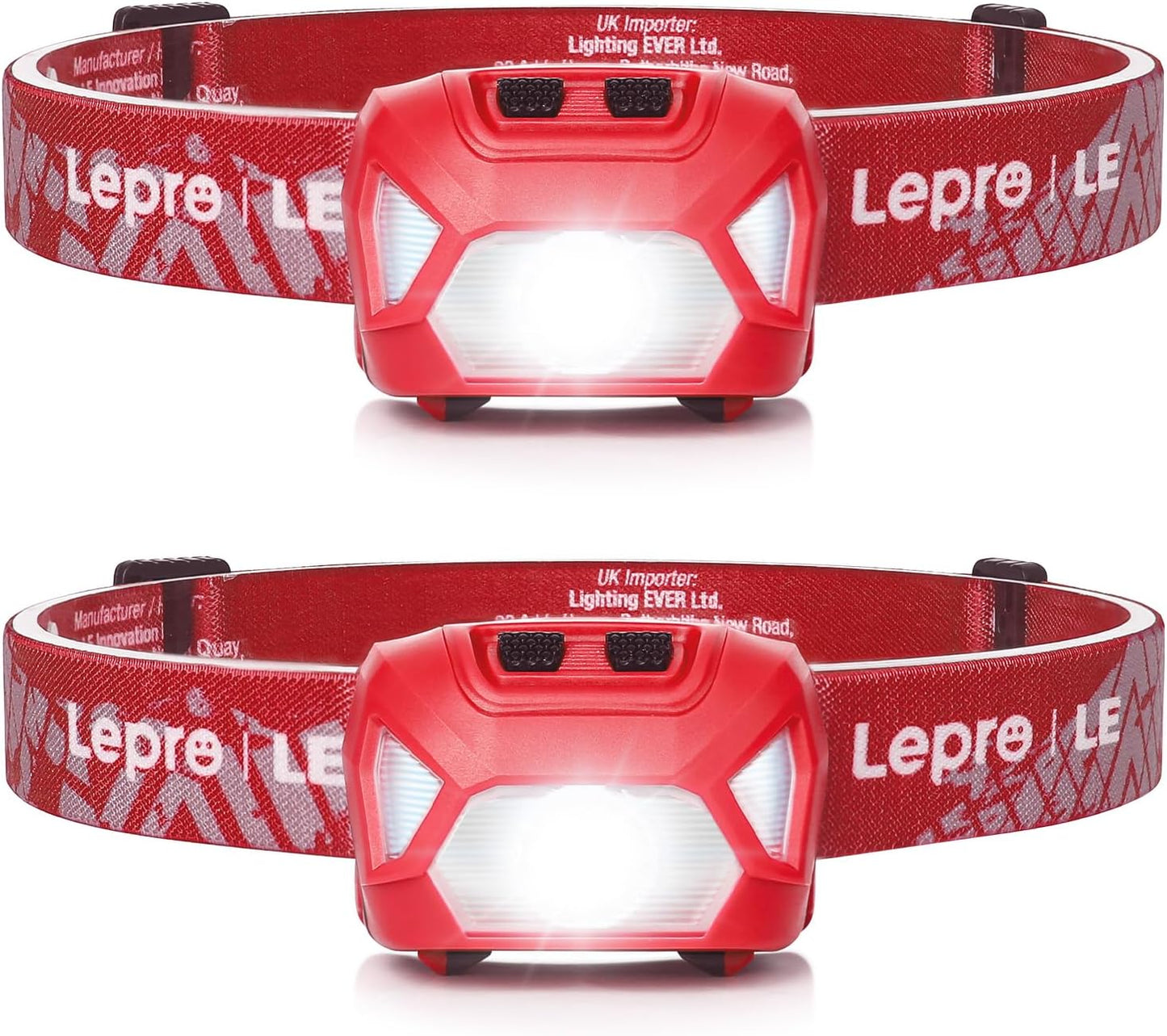 Lepro Stirnlampe, 1300 Lux LED XPG Kopflampe mit 6 Lichtmodi Scheinwerfer und Rotlicht, IPX4 spritzwassergeschütztes Gehäuse, Batteriebetrieben Stirnlampen, Ideal für Camping Joggen, Rot, 2 Stück