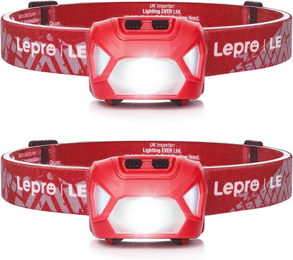 Lepro Stirnlampe, 1300 Lux LED XPG Kopflampe mit 6 Lichtmodi Scheinwerfer und Rotlicht, IPX4 spritzwassergeschütztes Gehäuse, Batteriebetrieben Stirnlampen, Ideal für Camping Joggen, Rot, 2 Stück