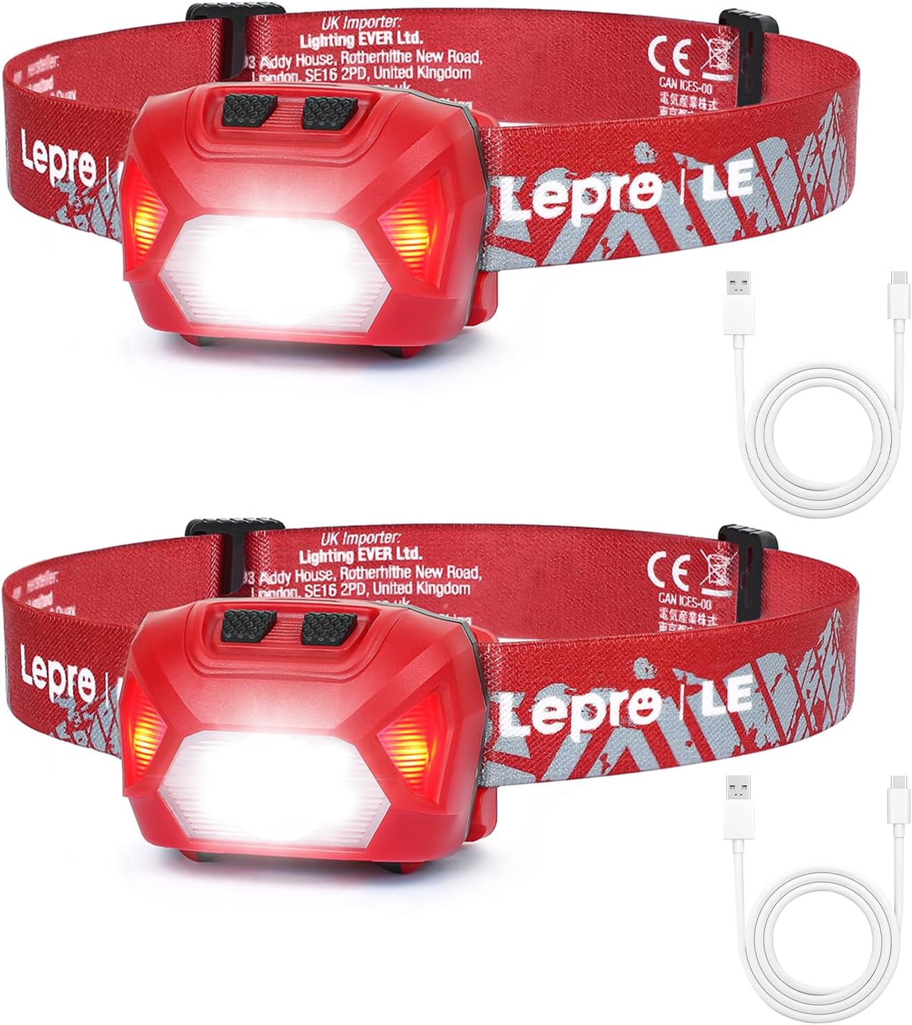 Lepro Stirnlampe LED Wiederaufladbar, 2000 Lux Superhell Kopflampe Stirnlampe mit Rotlicht und 6 Lichtmodi, IPX4 Wasserdicht Leicht Stirnleuchte, Ideal für Camping&Joggen, Rot