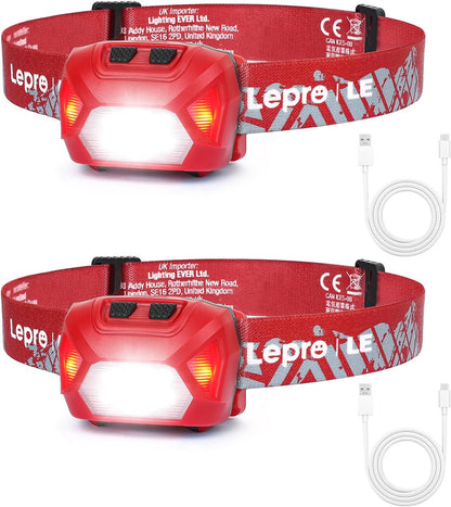Lepro Stirnlampe LED Wiederaufladbar, 2000 Lux Superhell Kopflampe Stirnlampe mit Rotlicht und 6 Lichtmodi, IPX4 Wasserdicht Leicht Stirnleuchte, Ideal für Camping&Joggen, Rot