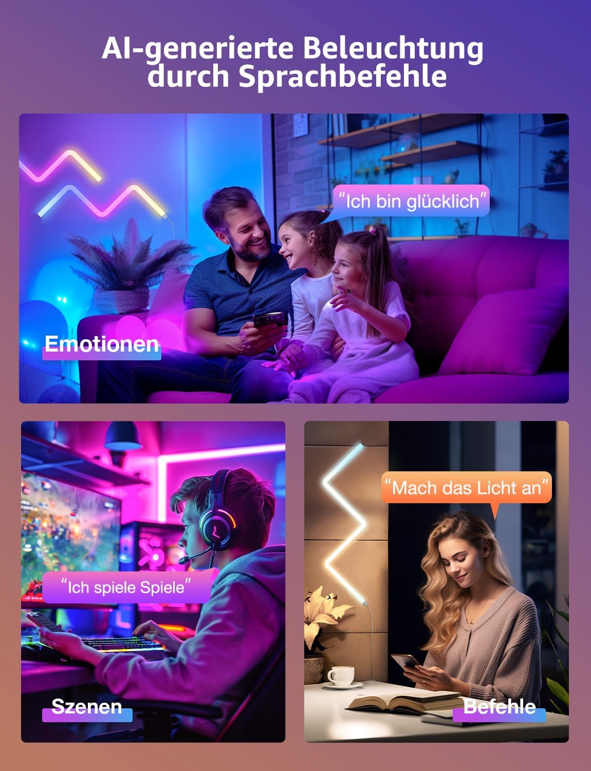 Lepro AI Glide Wall Light WL1, Wandleuchte mit Eingebautes Spracherkennung, Musik Sync, unterstützt Alexa & Google Assistant, KI-Lichtdesign-Assistent für Gaming Party Wand Deko, 8 Stück und 4 Ecke