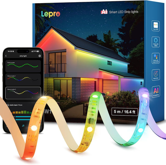 Lepro AI RGBCW LED Streifen SW1, 5m Au?enbereich IP65 Wasserdicht led Strip, Personalisierter KI-Lichtdesigner, Foto-zu-Licht, Musik-Sync, Kompatibel mit Alexa & Google Assistant f¨¹r Au?enszenen