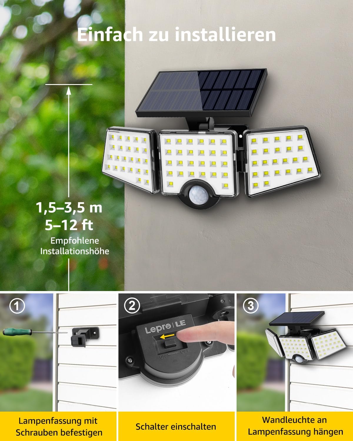 Lepro Solarlampen für Außen mit Bewegungsmelder, 360° Beleuchtungswinkel, 1000 Lumen 6W LED Solarlampen Aussen, IP65 Wasserdicht, 270°Drehbar Solar Außenleuchte für Außen Garten Balkon Garage