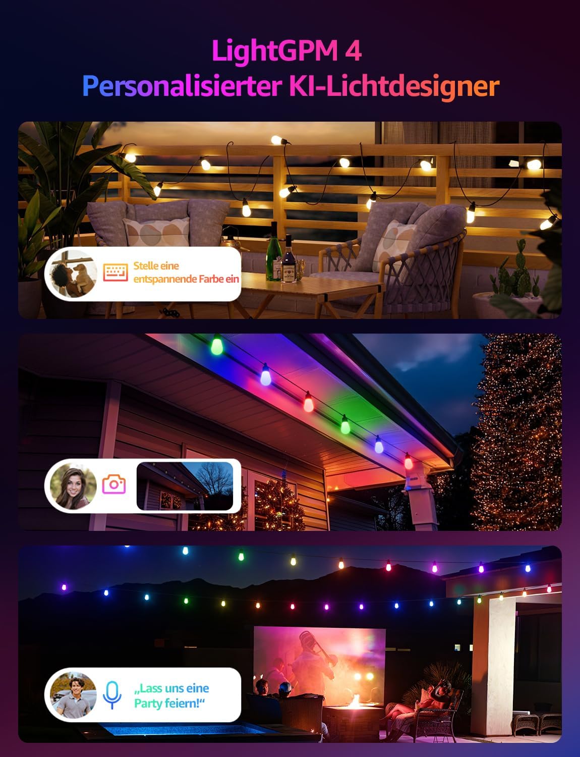 Lepro ZB1 AI LED Lichterkette Außen 15m, RGB+Warmweiß Smarte LED S14 WLAN Glühbirnen,App-Steuerung,Funktioniert mit Alexa&Google,IP65,Personalisierter KI-Lichtdesigner,ohne Fernbedienung, 15 LEDs
