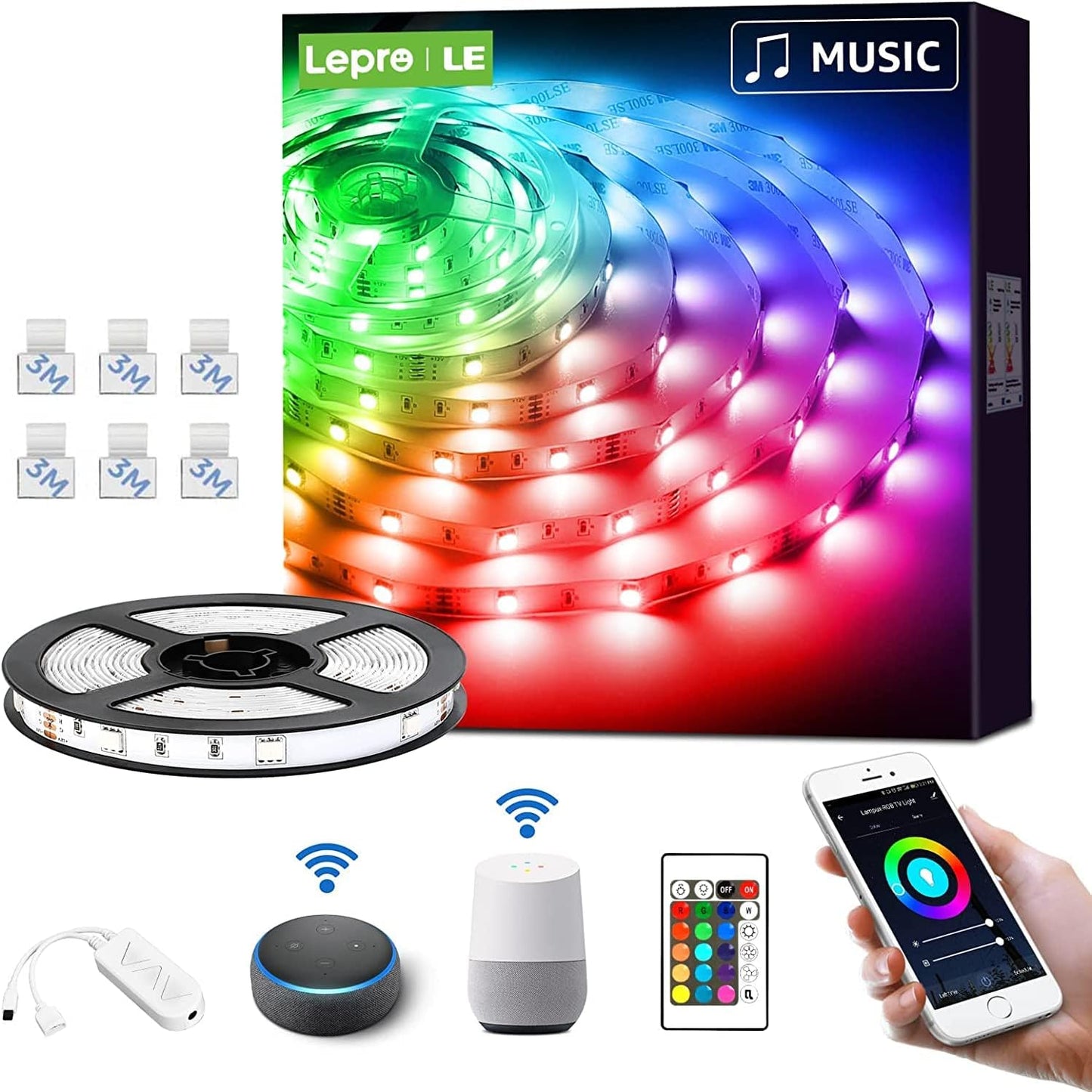 LE LED Strip 5M Alexa, RGB 150 LEDs, Smart WIFI LED Streifen Musiksteuerung, Wlan LED Band, Superhell 5050 Selbstklebend Lichtband, Lichterkette mit Fernbedienung, Kompatibel mit Alexa,App,Google Home