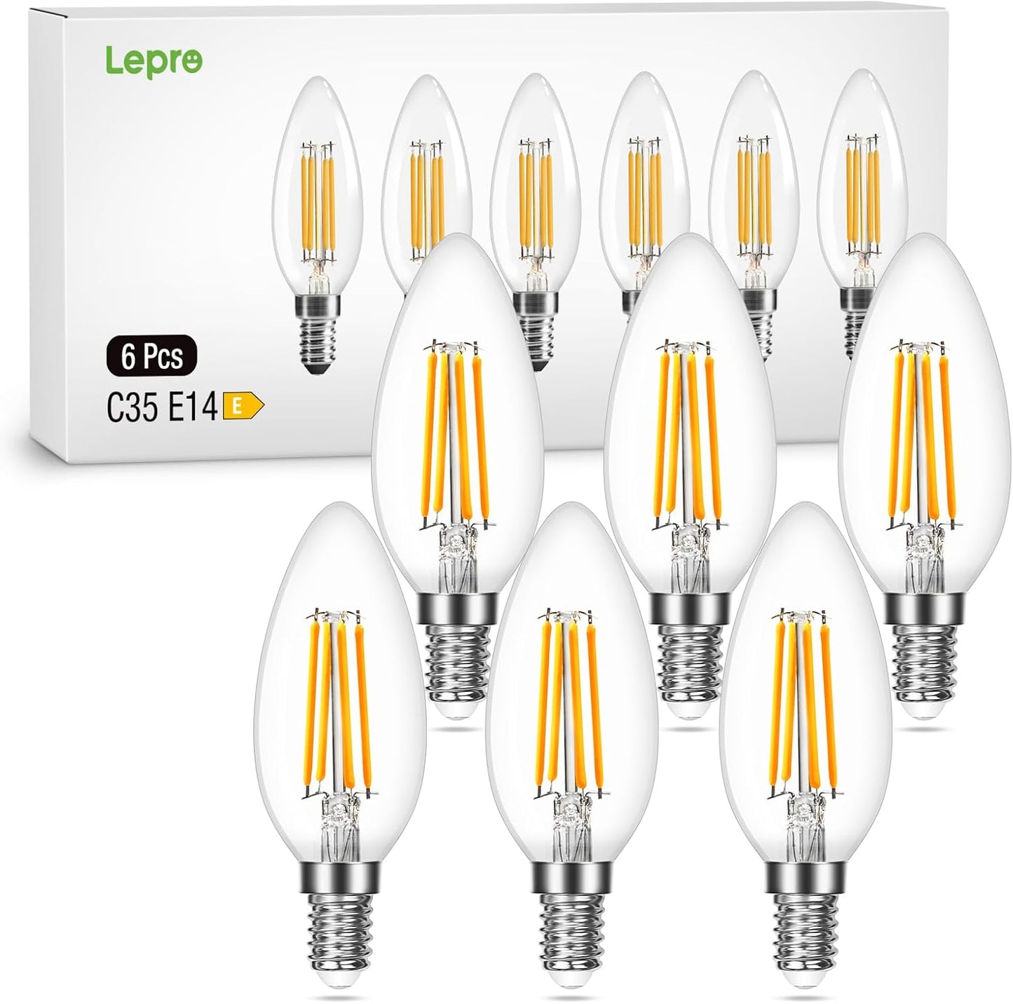 Lepro Glühbirne E14 LED Kerze, 4.5W LED, Warmweiss, 6er Pack, 470 Lumen Filament, Classic Lampe Birnen in Kerzenform, 2700 Kelvin Warmweiß, Ersetzt 40 Watt, Edison Vintage