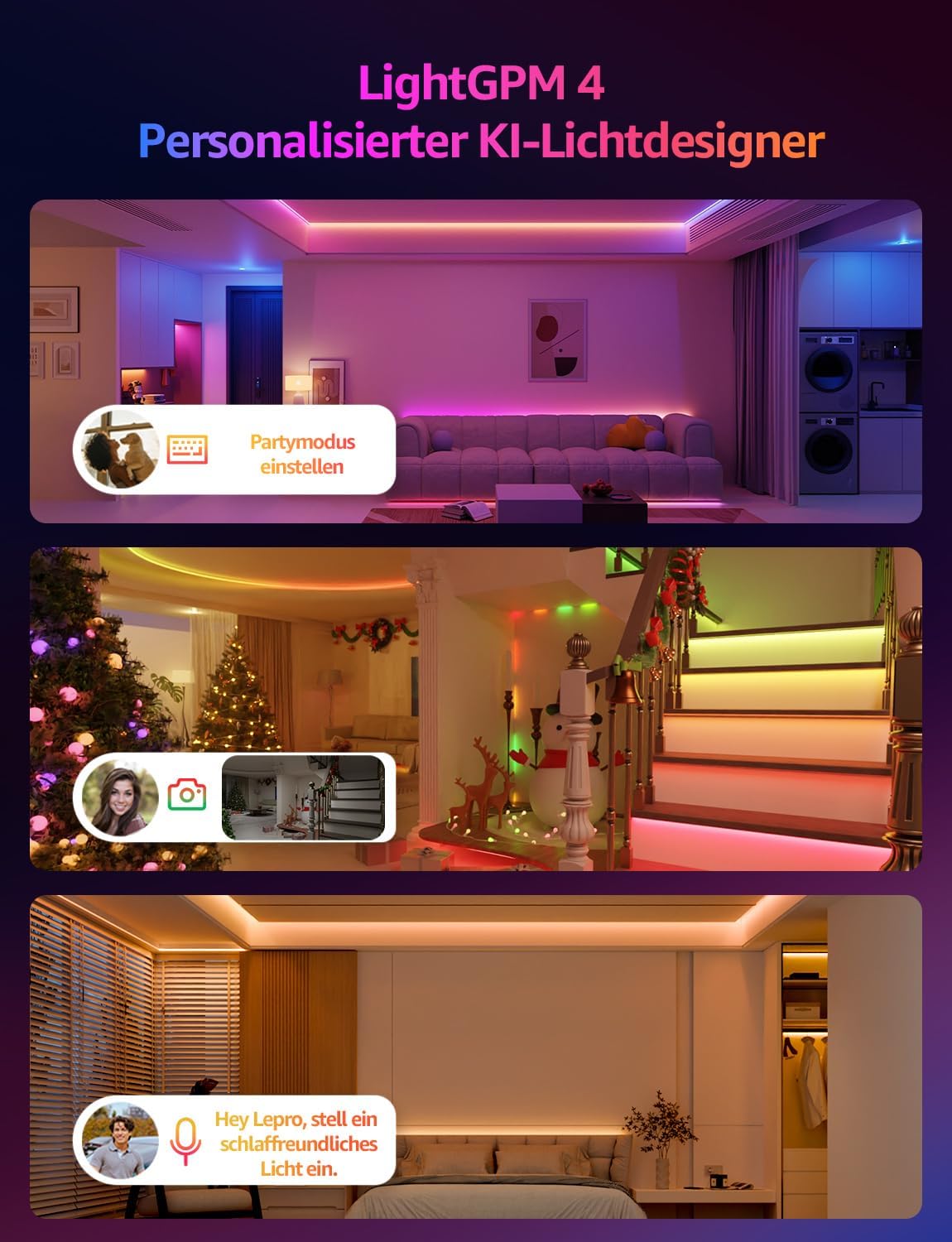 Lepro AI LED Streifen S2, 5M RGBCW LED Strip mit echtem Wei?licht, MagicColor RGBIC, Personalisierter KI-Lichtdesigner, Musik-Sync, Kompatibel mit Alexa & Google Assistant f¨¹r Gaming & Ambiente
