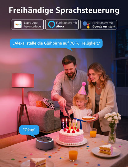 Lepro Al Smart Glühbirne B3, E27 WLAN/Bluetooth Smart Bulb 1521lm Dimmbar, Foto-zu-Licht, Personalisierter KI-Lichtdesigner, Sprachsteuerung/Musik Sync, Kompatibel mit Alexa/Google Assistant, 2 Stück