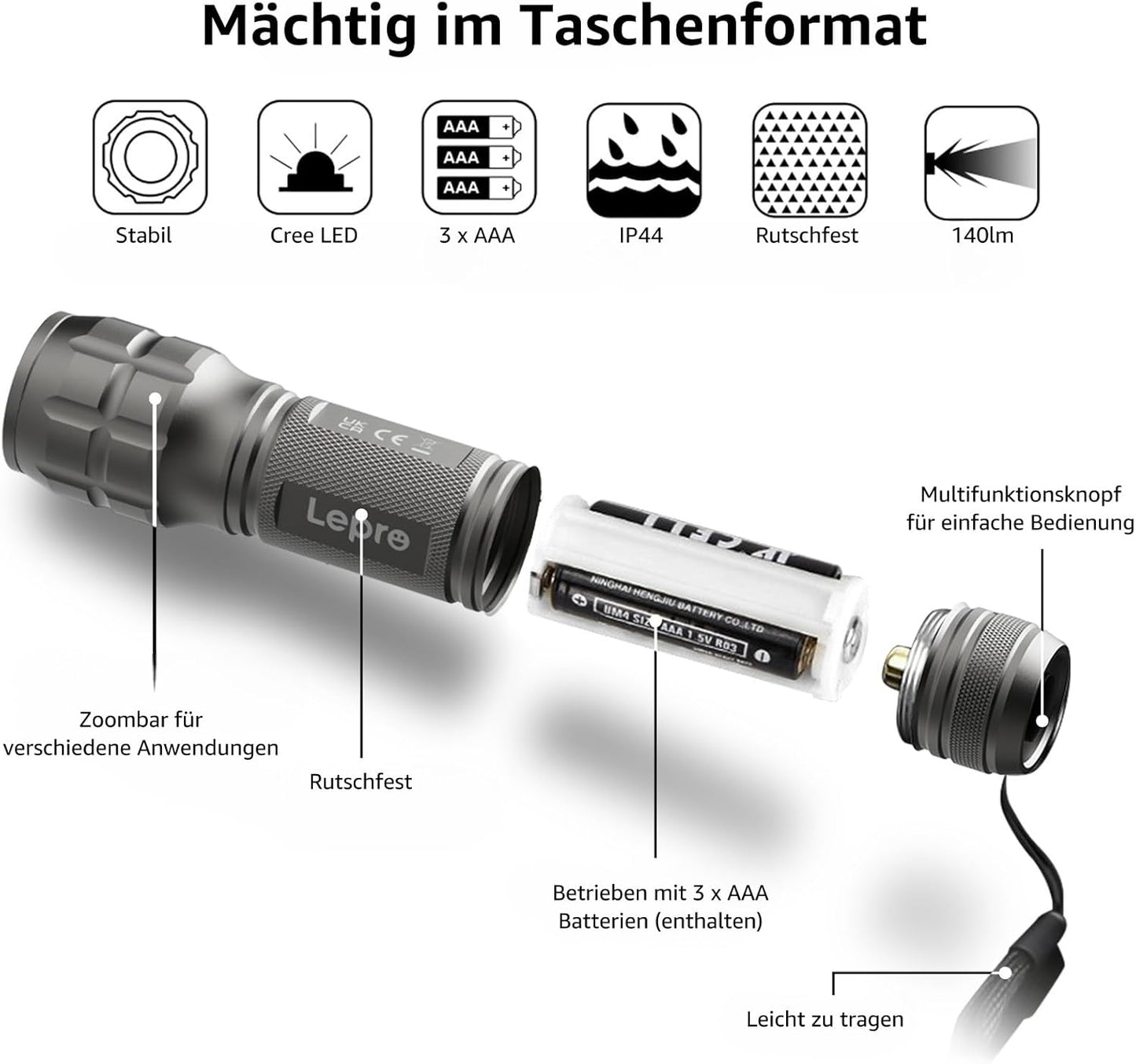 Lighting EVER LED Taschenlampe Klein, Extrem Hell & Zoombar Mini Taschenlampen Batteriebetrieben f¨¹r Kinder, Wasserdichte Handlampe f¨¹r Camping, Outdoor, Notf?lle (Gunmetal)