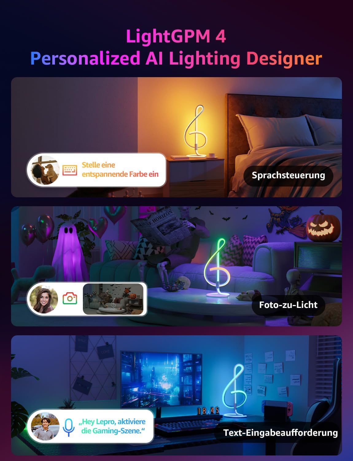 Lepro AI Smart Tischlampe TB2, Personalisierter KI-Lichtdesigner, Musik Sync/APP Sprachsteuerung Tischleuchte, Table Lampe Dimmbar, RGB+IC-Technologie, Kompatibel mit Alexa/Google, Keine Fernbedienung