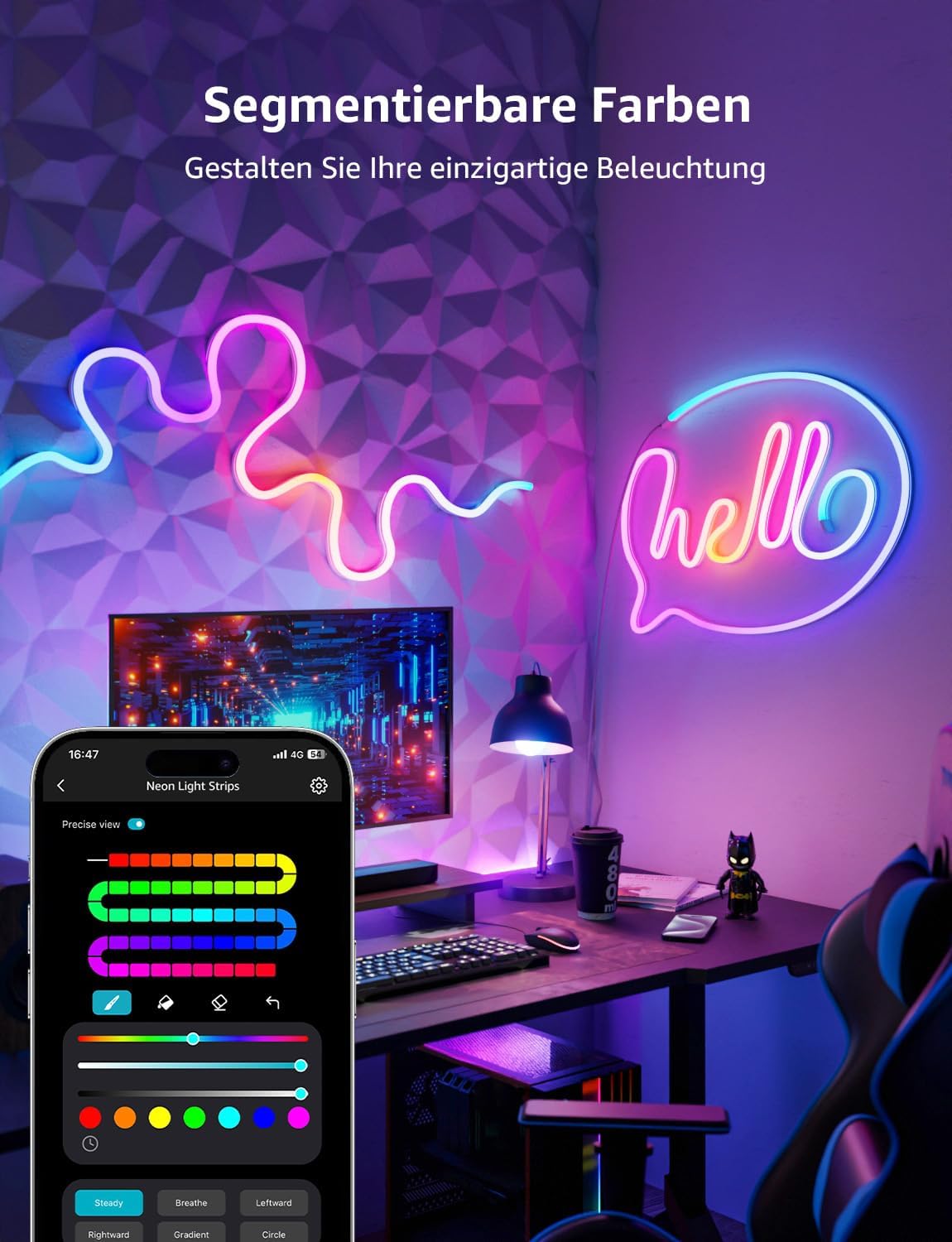 Lepro Neon AI LED Strip 10m, RGB LED Streifen mit App-, Musik- und Sprachsteuerung, kompatibel mit Alexa & Google Assistant, für Wohnzimmer, Gaming, Party,Wanddeko, Personalisierter KI-Lichtdesigner