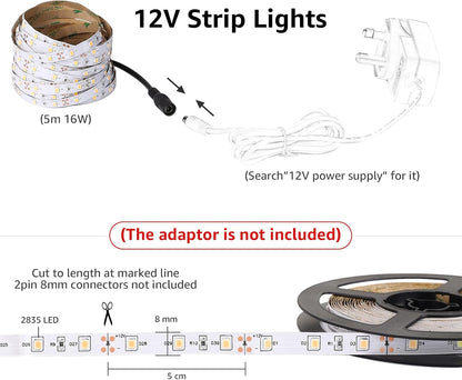 Lepro LED Strip Warmweiss, 5M LED Streifen 12V Selbstklebend, Band mit 300 Stück 2835 LEDs 2300 Lumen, 3000K Warmweiß Leiste, Weiß DIY Lichtband für Innen Heim Küche Deko, kein Netzteil