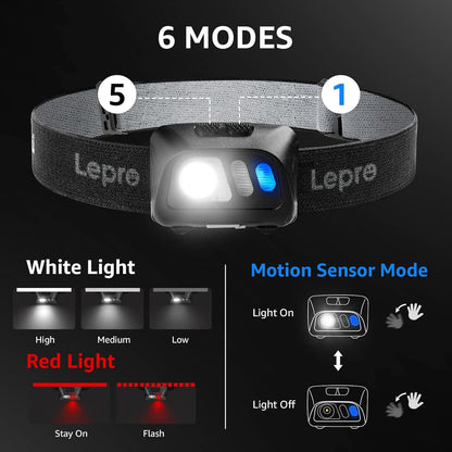 Lepro Stirnlampe USB Wiederaufladbar, Ultrahelle 800L LED Kopflampe mit Gestensensor und Rotlicht, 5 Lichtmodi, Wasserdicht Leicht Stirnleuchte, Perfekt fürs Laufen, Joggen, Angeln, Campen