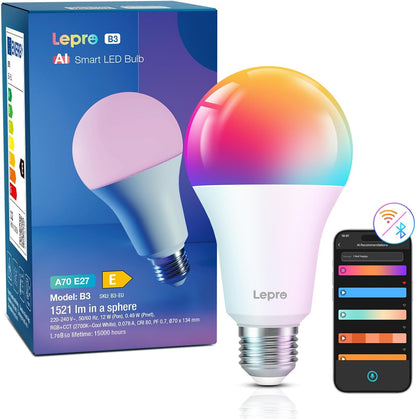 Lepro Al Smart Glühbirne B3, E27 WLAN/Bluetooth Smart Bulb 1521lm Dimmbar, Foto-zu-Licht, Personalisierter KI-Lichtdesigner, Sprachsteuerung/Musik Sync, Kompatibel mit Alexa/Google Assistant