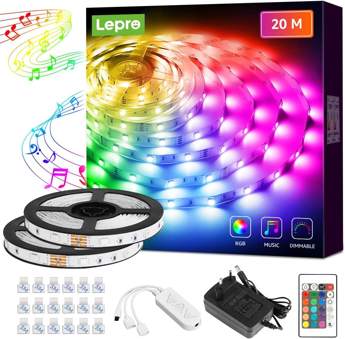 Lepro LED Strip 20M(2x10M), LED Streifen Musik Lichterkette mit Fernbedienung, Band Lichter, RGB Dimmbar Lichtleiste Light, Lichtband Leiste, Bunt Kette für Party Weihnachten Deko