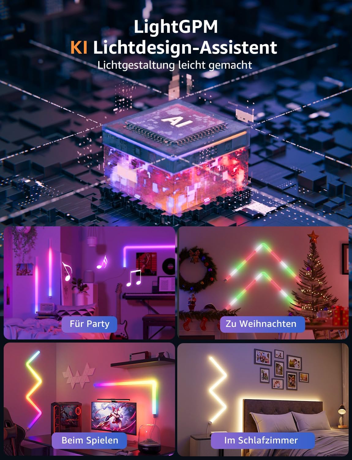 Lepro AI Glide Wall Light WL1, Wandleuchte mit Eingebautes Spracherkennung, Musik Sync, unterstützt Alexa & Google Assistant, KI-Lichtdesign-Assistent für Gaming Party Wand Deko, 6 Stück und 2 Ecke