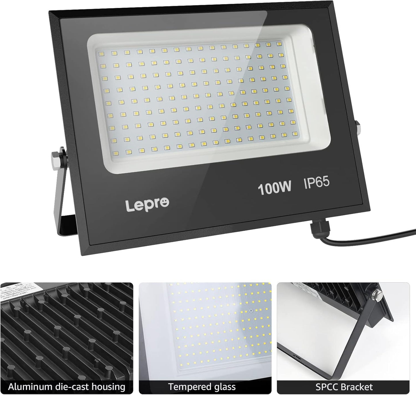 Lepro LED Strahler Außen, 100W LED Fluter Superhell Außenstrahler 12000LM, IP65 Wasserdicht 6500K Scheinwerfer Flutlicht mit 2835 SMD LEDs, Außenlampe für Garten, Innenhöfe, Garage, Hotel, Sportplatz