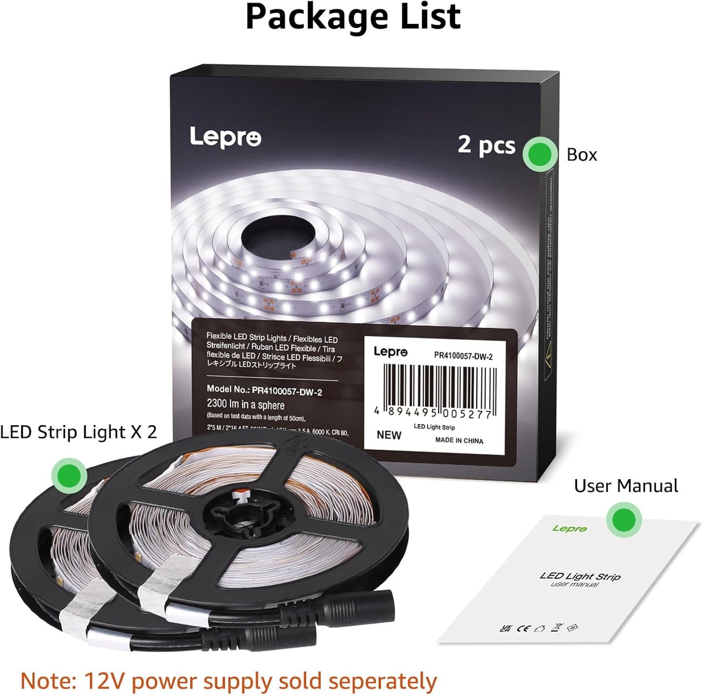 Lepro LED Strip Kaltweiß, 10M(5M*2) LED Streifen 12V Selbstklebend, Band jeder mit 300 Stück 2835 LEDs 2300 Lumen, 6000K Dimmbar Leiste, Kaltweiss DIY Lichtband für Innen Heim Deko, kein Netzteil