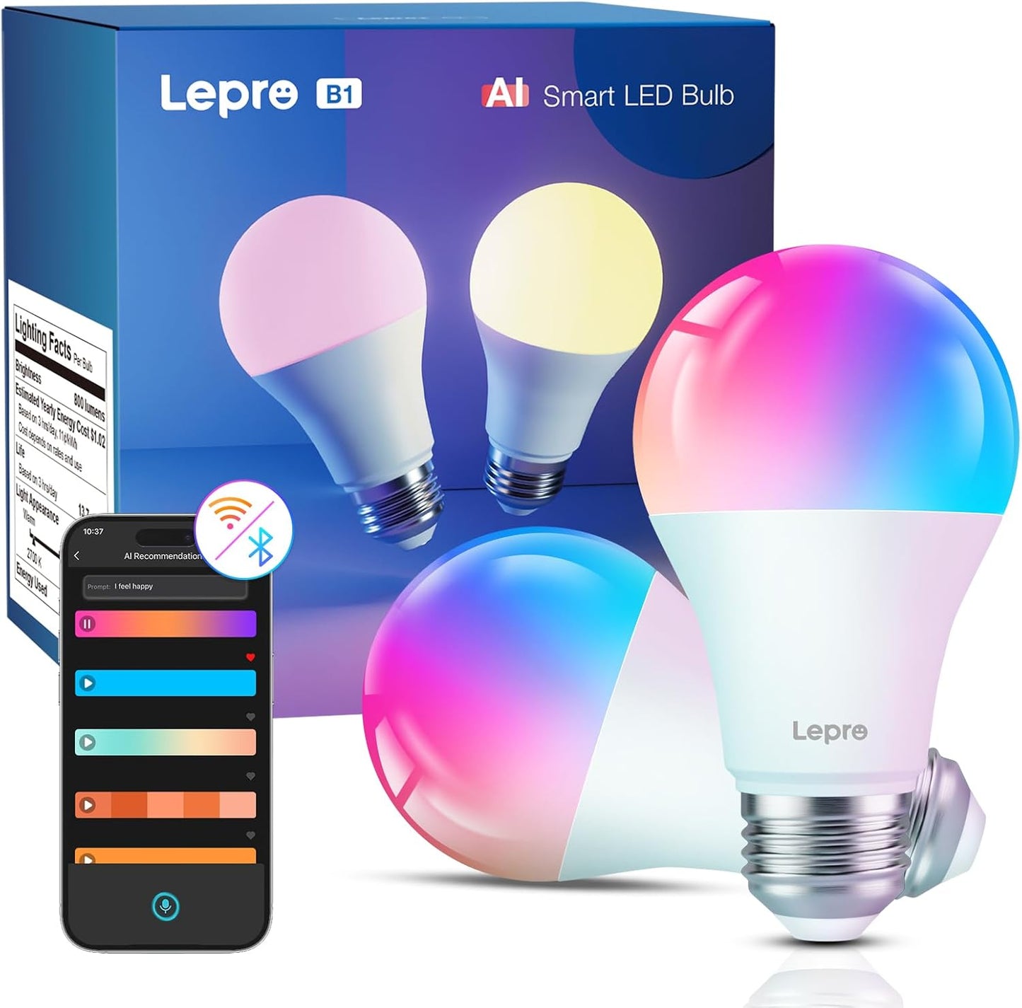 Lepro AI Smart Glühbirne B1, E27 Lampe 8.5W 806lm Dimmbar, Personalisierter KI-Lichtdesigner, Sprachsteuerung/Musik Sync, WiFi & Bluetooth Smart Bulb, Kompatibel mit Alexa/Google Assistant