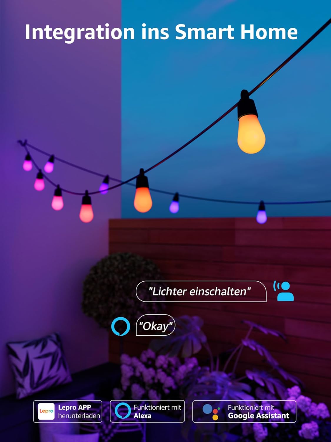 Lepro ZB1 AI LED Lichterkette Außen 30m, RGB+Warmweiß Smarte LED S14 WLAN Glühbirnen,App-Steuerung,Funktioniert mit Alexa&Google,IP65,Personalisierter KI-Lichtdesigner,ohne Fernbedienung, 30 LEDs
