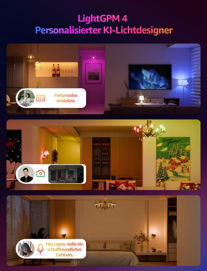 Lepro AI Smart Glühbirne BC1, 4.9W 470LM Glühbirne E14 Dimmbar, Personalisierter KI-Lichtdesigner, RGB+CCT, Kompatibel mit Alexa/Google, Sprachsteuerung/Musik Sync, WiFi & Bluetooth, 4 Stück