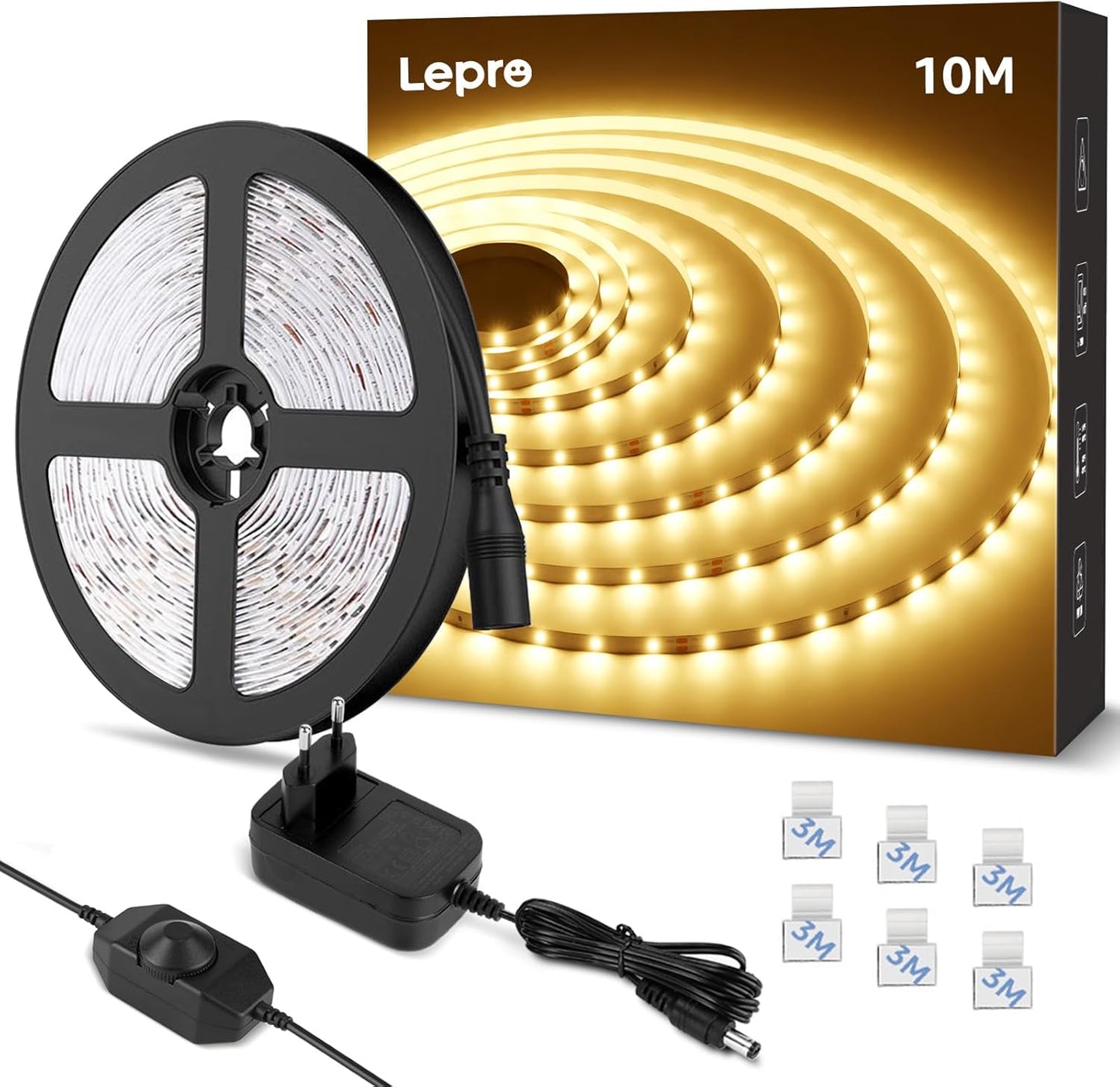 Lepro LED Strip 10M Warmweiss, LED Streifen Warmweiß 3000K Dimmbar, 2835 LED Band Selbstklebend 420 LEDs, Superhell LED Lichtband Leiste mit Netzteil, Lichterkette Kette für Innen Küche Heim Deko