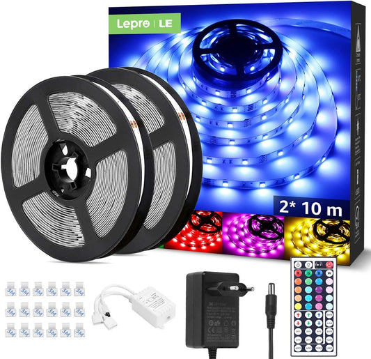 LE LED Strip 20M(2x10M), RGB LED Streifen Band, 5050 SMD 600 LEDs Stripes, 12V, Selbstklebend Lichtband mit 44 Tasten Fernbedienung, Flexibel LED Leiste, LED Lichterkette IP20 f¨¹r Haus,Party,Bar,TV