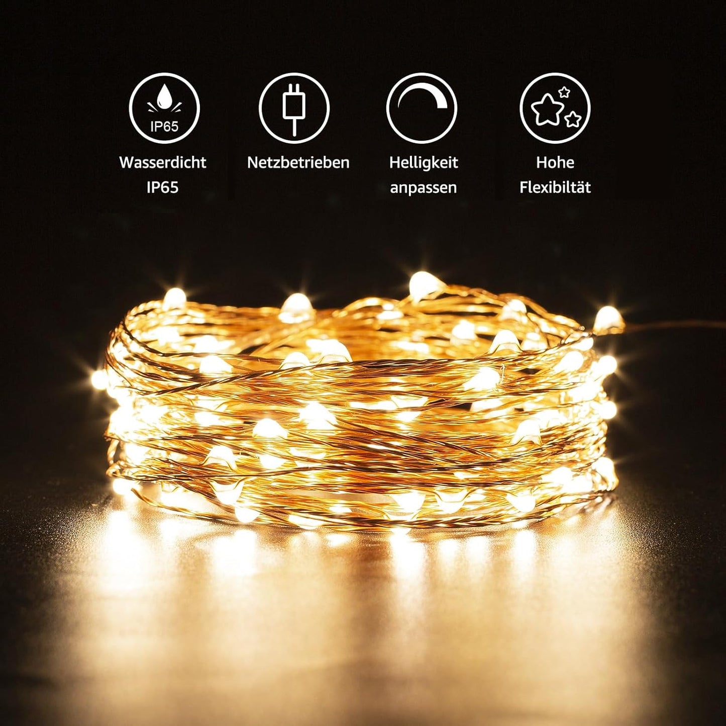 LE 10M LED Lichterkette aus Kupferdraht, 100 LEDs, Wasserdicht IP65, Strombetrieben mit Stecker, ideal für Weihnachtsdeko, Innen, Außen, Weihnachten Party usw. Warmweiß