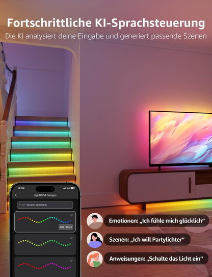 Lepro AI LED Streifen S2, 5M RGBCW LED Strip mit echtem Wei?licht, MagicColor RGBIC, Personalisierter KI-Lichtdesigner, Musik-Sync, Kompatibel mit Alexa & Google Assistant f¨¹r Gaming & Ambiente