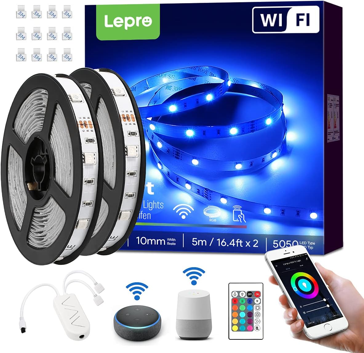 Lepro LED Strip Alexa 10M, 2x5M, RGB Dimmbar 300 LEDs, LED Streifen Wifi, Wlan LED Band,Selbstklebend Superhell Lichtband Lichterkette Stripes mit Fernbedienung, Kompatibel mit Alexa,App,Google Home